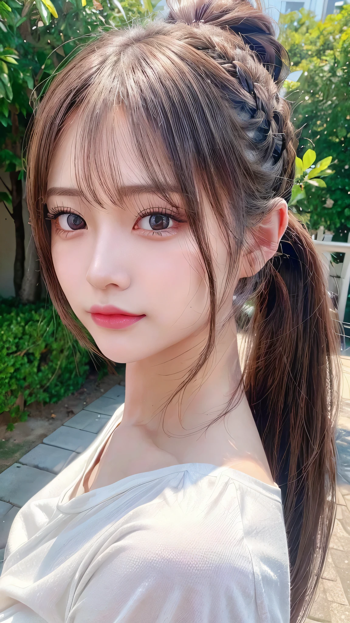 White T-shirt and jeans,outdoors,Urban Park,On the lawn,Outdoor,Close-up of face,Outdoor,Blushing,Facing forward,,Long hair ponytail,((8K, Raw photo, Best Quality, Mastepiece:1.2), (Realism, Photorealistic:1.4), (Highly detailed 8k wallpaper), Depth of written boundary, Cinematic Lighting, Soft Light, Detailed Beauty Eye,Shiny and smooth light brown ponytail, Asymmetrical bangs, Shiny skin, Ultra-detailed skins ,It is high resolution., High detail, Detailed hairstyle, Detailed facial beauty, Hyper-realistic, Perfect limbs, Perfect ??????? ,1 Japanese girl,Famous Japanese Idols, Perfect female body,A shy smile,Short eyelashes,Double-edged eyelids,Look straight here,Hair style: ponytail,
