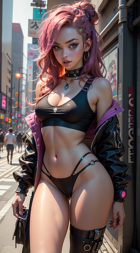 ((Best Quality, best resolution, award-winning portrait, official art)), ((perfect Masterpiece)), ((Realistic)) and ultra-detailed photography of a 1 nerdy cyberpunk girl with goth and post apocalyptic colors. She has ((long caramel-colored hair)), wears a (Harajuku-inspired cyberpunk tech-wear top) and a (Harajuku-inspired cyberpunk tech-wear bottom:1.2) , ((the most beautiful and sexy aesthetic)), small tits, cleavage showing, hot, sexy, seductive, slutty, cameltoe, 