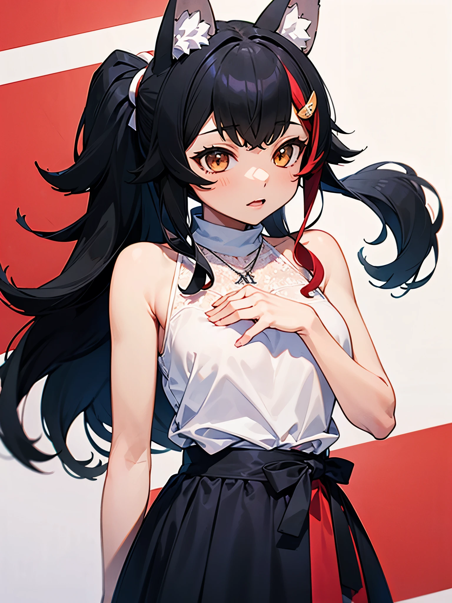 NSFW,miosha1、Barrette、Side Blade、ponytail、Wolf Tail、Black Skirt、White Shirt、necklace、Sleeveless shirt,(Perfect hands),(Perfect Anatomy),(masterpiece),(highest quality)