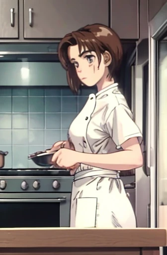  super fine illustration, highly detailed, dynamic angle, beautiful detailed, 8k, During lunch time, a kitchen as busy as a battlefield. BREAK A female chef is working hard, with a stern expression. BREAK She is using a frying pan and standing in front of the stove. BREAK Wearing a chef's coat and a tall chef's hat, her hair is short and neatly tied back. (Lora:1.3),{{masterpiece}},{highquality},{Super detailed},{Perfect Face},short hair,Brown Hair,Childhood friend,Sweaty,18years old,Determined,{Perfect Eyes}