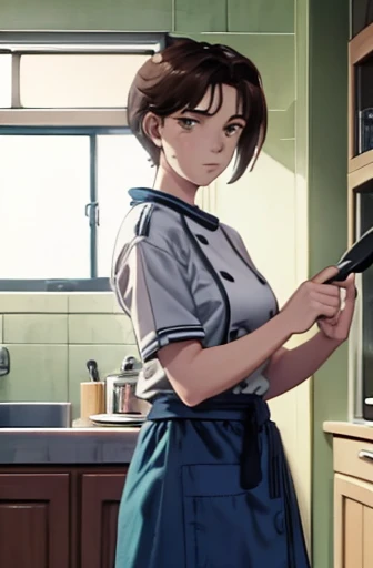  super fine illustration, highly detailed, dynamic angle, beautiful detailed, 8k, During lunch time, a kitchen as busy as a battlefield. BREAK A female chef is working hard, with a stern expression. BREAK She is using a frying pan and standing in front of the stove. BREAK Wearing a chef's coat and a tall chef's hat, her hair is short and neatly tied back. (Lora:1.3),{{masterpiece}},{highquality},{Super detailed},{Perfect Face},short hair,Brown Hair,hood friend,Sweaty,18years old,Determined,{Perfect Eyes}