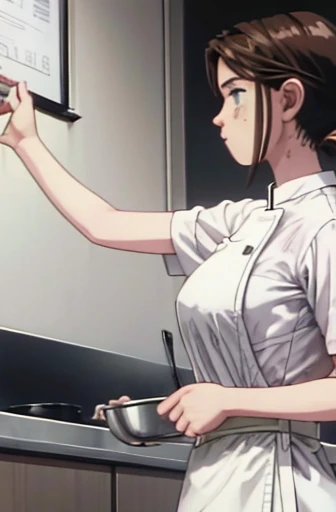  super fine illustration, highly detailed, dynamic angle, beautiful detailed, 8k, During lunch time, a kitchen as busy as a battlefield. BREAK A female chef is working hard, with a stern expression. BREAK She is using a frying pan and standing in front of the stove. BREAK Wearing a chef's coat and a tall chef's hat, her hair is short and neatly tied back. (Lora:1.3),{{masterpiece}},{highquality},{Super detailed},{Perfect Face},short hair,Brown Hair,Childhood friend,Sweaty,18years old,Determined,{Perfect Eyes}