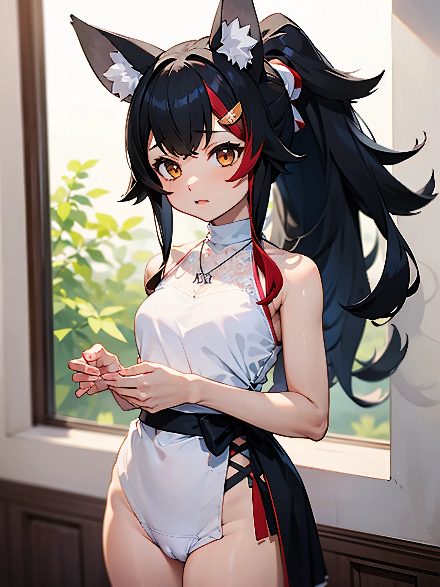 NSFW,miosha1、Barrette、Side Blade、ponytail、Wolf Tail、Black Skirt、White Shirt、necklace、Sleeveless shirt,(Perfect hands),(Perfect Anatomy),(masterpiece),(highest quality)