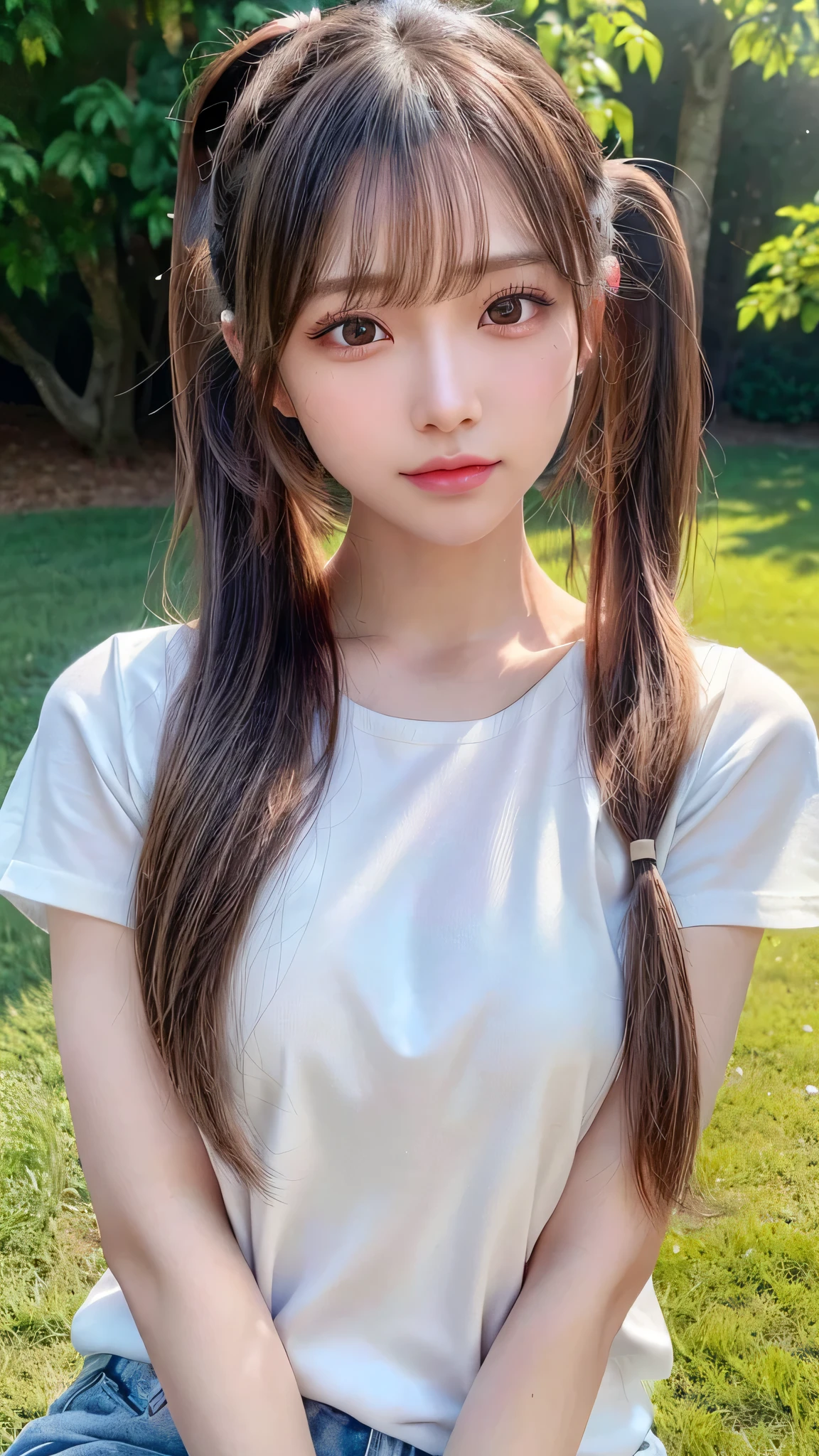 White T-shirt and jeans,outdoors,Urban Park,On the lawn,Outdoor,Close-up of face,Outdoor,Blushing,Facing forward,,Long hair ponytail,((8K, Raw photo, Best Quality, Mastepiece:1.2), (Realism, Photorealistic:1.4), (Highly detailed 8k wallpaper), Depth of written boundary, Cinematic Lighting, Soft Light, Detailed Beauty Eye,Shiny and smooth light brown ponytail, Asymmetrical bangs, Shiny skin, Ultra-detailed skins ,It is high resolution., High detail, Detailed hairstyle, Detailed facial beauty, Hyper-realistic, Perfect limbs, Perfect Anatomy ,1 Japanese girl,Famous Japanese Idols, Perfect female body,A shy smile,Short eyelashes,Double-edged eyelids,Look straight here,Hair style: ponytail,
