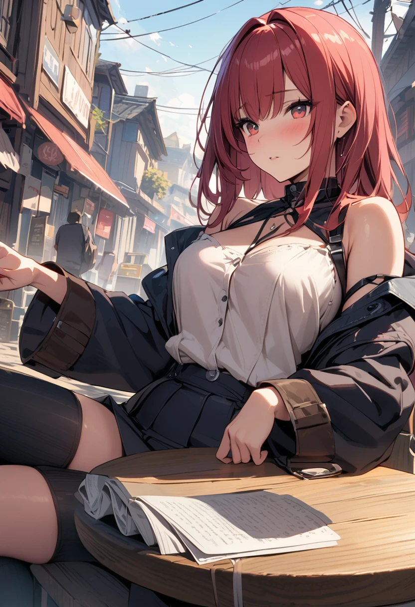 (Azur Lane),(origin),School_,There is a woman sitting at the table,Solitary,outdoor, looking at the audience,masterpiece, best quality, Extremely detailed, illustration,