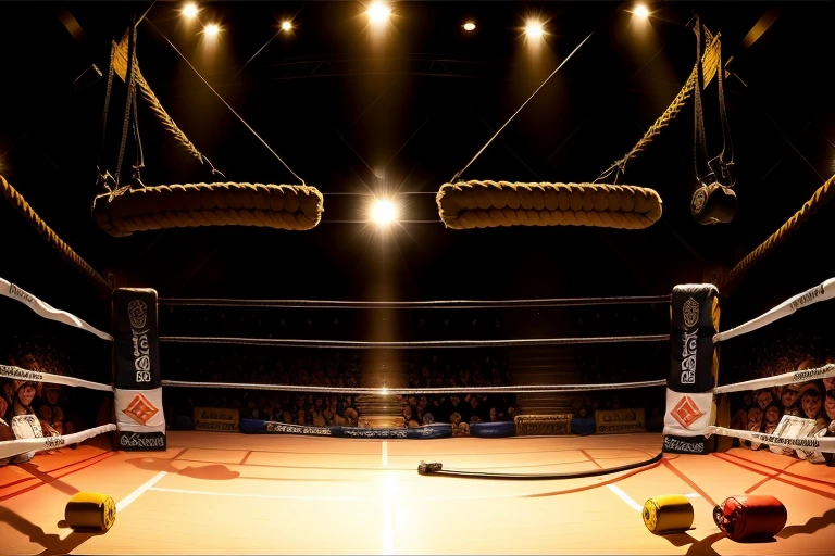 boxe ring with lights and ropes, boxe ring sol blanc coin jaune et sol blanc sol, fond d' Boardwalk Hall Atlantic City, Ring de boxe avec le sol blanc et les coins jaune, scene background Boardwalk Hall d'Atlantic City, toile de fond Boardwalk Hall Atlantic City, Boardwalk Hall in a boxe ring, boxe, boxe match, scene, projecteur, barre d'arrière-plan Boardwalk Hall Atlantic City, spot et projecteur au plafond comme fond dramatique, atmospheric perspective, glowing light, 8k, super detail, best quality, masterpiece