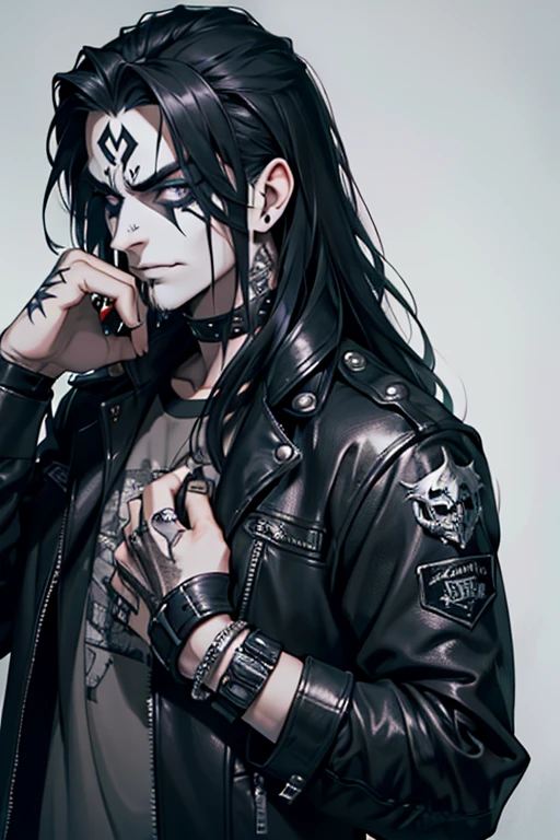 {high quality}, {detailed}, metalhead guy, long sliky hair, leather jacket with the several metal-band patch on it, band tee, dark spikes bracelet, with corpse paint makeup.