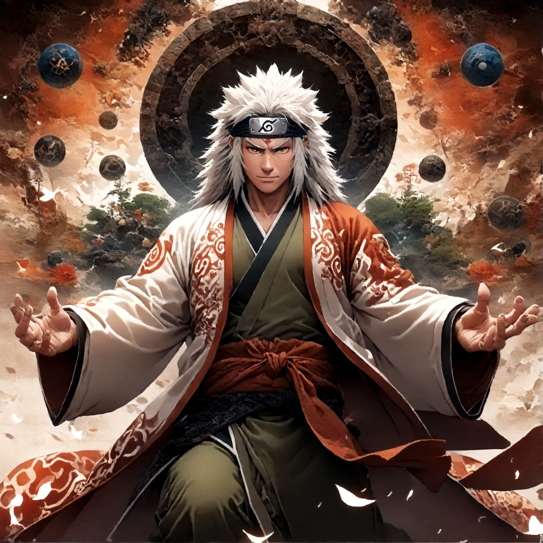 (1 middle-aged male,jiraiya,Green kimono,White Haori),solo,comics『NARUTO』Characters in,,Ninjutsuの使用,Battle Style,Cynical Smile,Ninjutsuのエフェクト,Enjoy the battle,Moderate dirt,,tattoo,Forehead protector,Digital Art,An illustration,Intricate details,Intricate details,Wide range of colors,artwork,rendering,,(highest quality:1.4),(Very detailed:1.5),High resolution,Very detailed,unity 8k wallpaper,Draw artistic background,yin and yang,Five Elements,Ninjutsu,