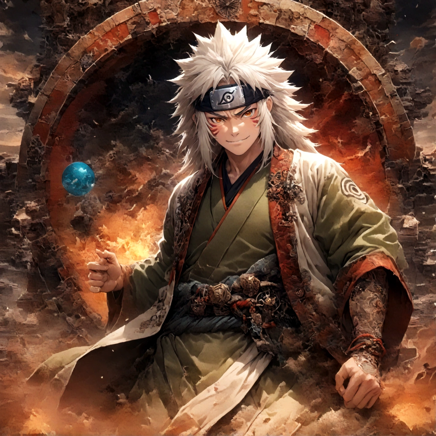 (1 middle-aged male,jiraiya,Green kimono,White Haori),solo,comics『NARUTO』Characters in,,Ninjutsuの使用,Battle Style,Cynical Smile,Ninjutsuのエフェクト,Enjoy the battle,Moderate dirt,,tattoo,Forehead protector,Digital Art,An illustration,Intricate details,Intricate details,Wide range of colors,artwork,rendering,,(highest quality:1.4),(Very detailed:1.5),High resolution,Very detailed,unity 8k wallpaper,Draw artistic background,yin and yang,Five Elements,Ninjutsu,