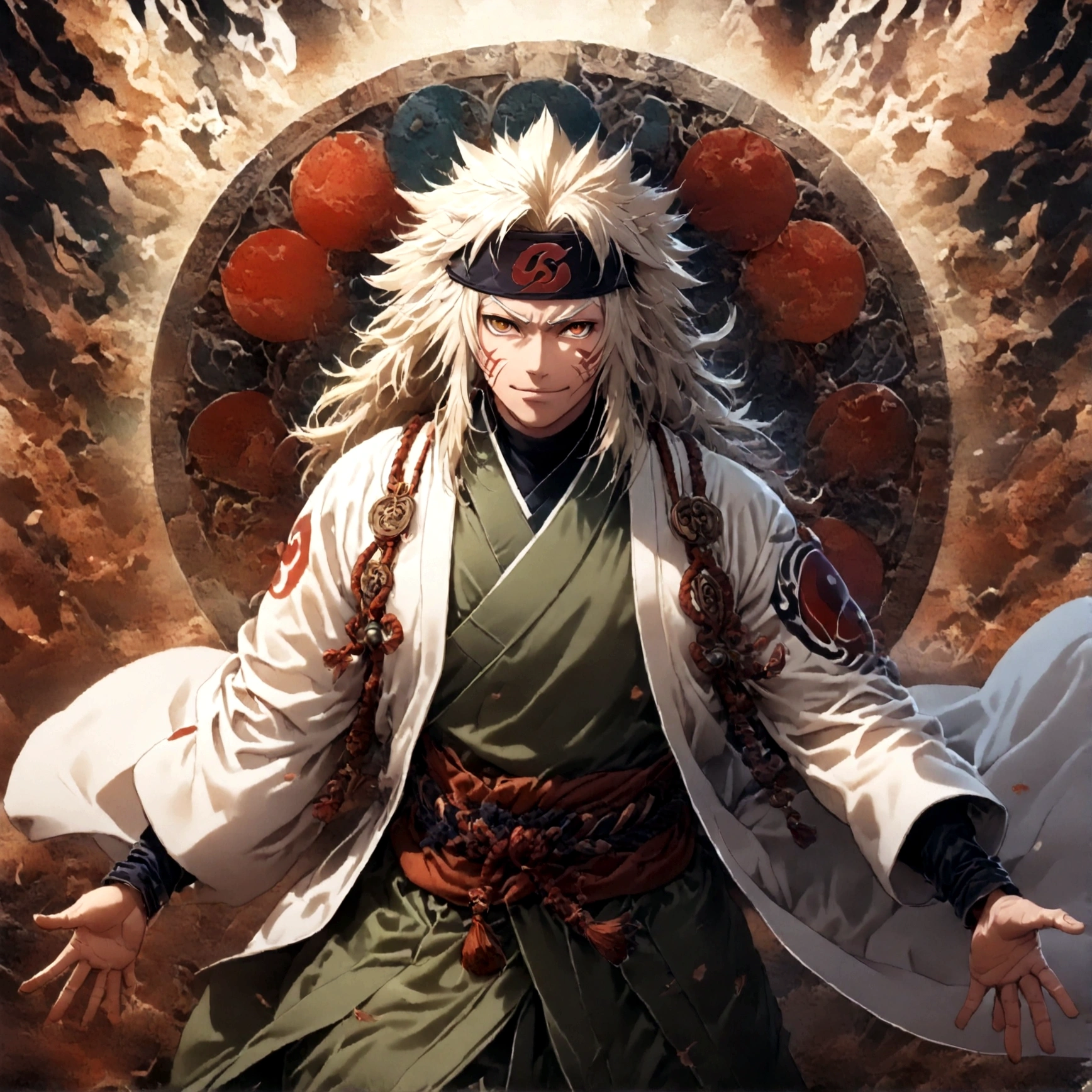 (1 middle-aged male,jiraiya,Green kimono,White Haori),solo,comics『NARUTO』Characters in,,Ninjutsuの使用,Battle Style,Cynical Smile,Ninjutsuのエフェクト,Enjoy the battle,Moderate dirt,,tattoo,Forehead protector,Digital Art,An illustration,Intricate details,Intricate details,Wide range of colors,artwork,rendering,,(highest quality:1.4),(Very detailed:1.5),High resolution,Very detailed,unity 8k wallpaper,Draw artistic background,yin and yang,Five Elements,Ninjutsu,