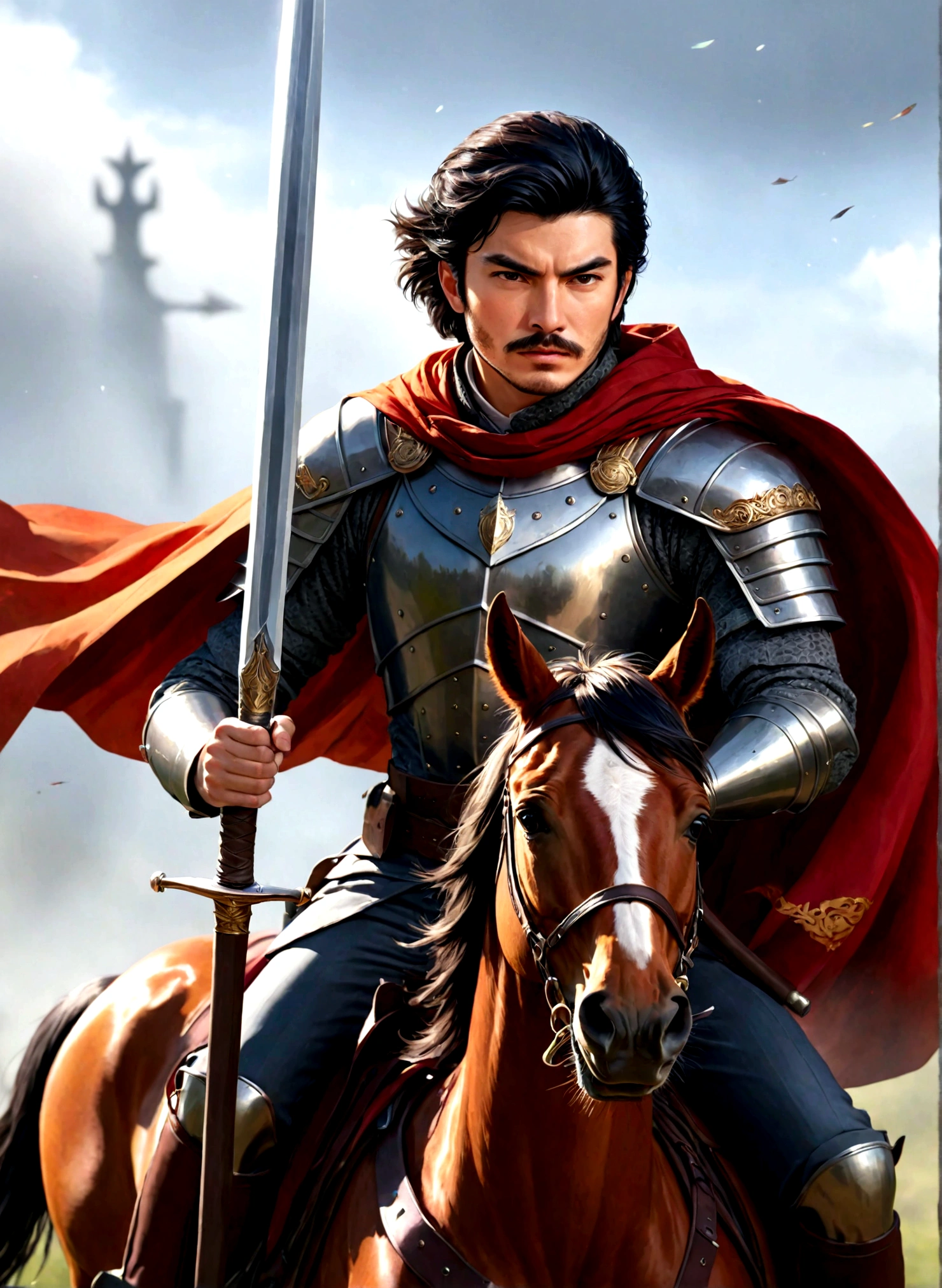 solo, black hair, 1boy, helmet, holding, weapon, male focus, sword, cape, armor, facial hair, beard, realistic, mustache, riding, horse, horseback riding