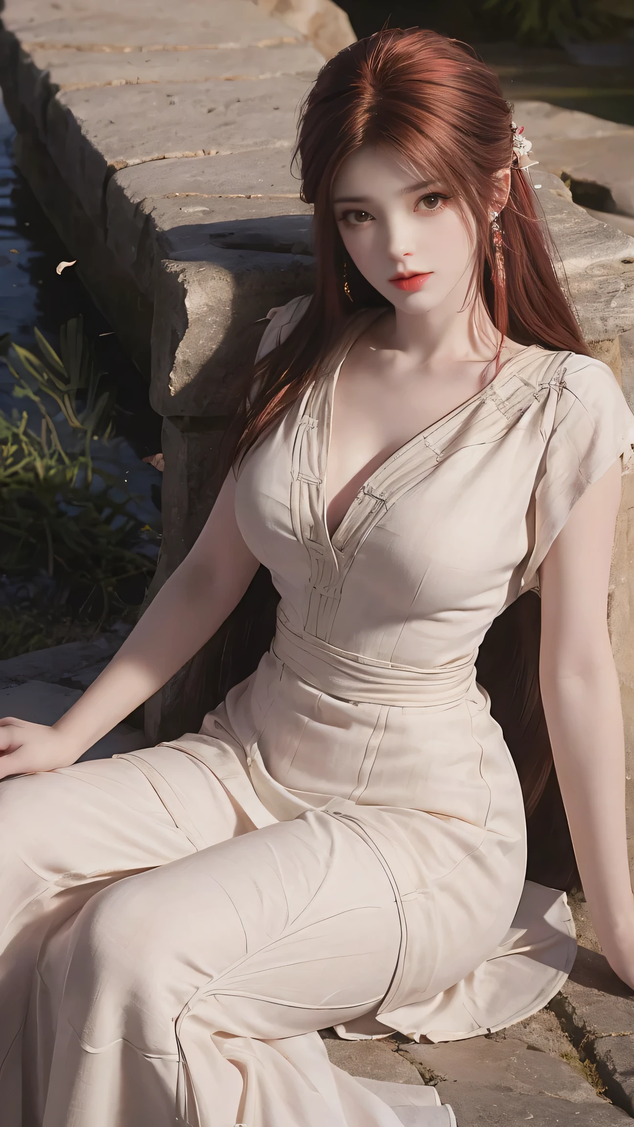 8K Ultra HD, Mastmis, A girl, Good face, Detailed, Eyes, Beautiful lips, Very red hair, dishiveredhair, Medium breasts, Wedding dress, White dress, In the park, Flying birds, blows wind, clear weather, Sitting, Full body capture,