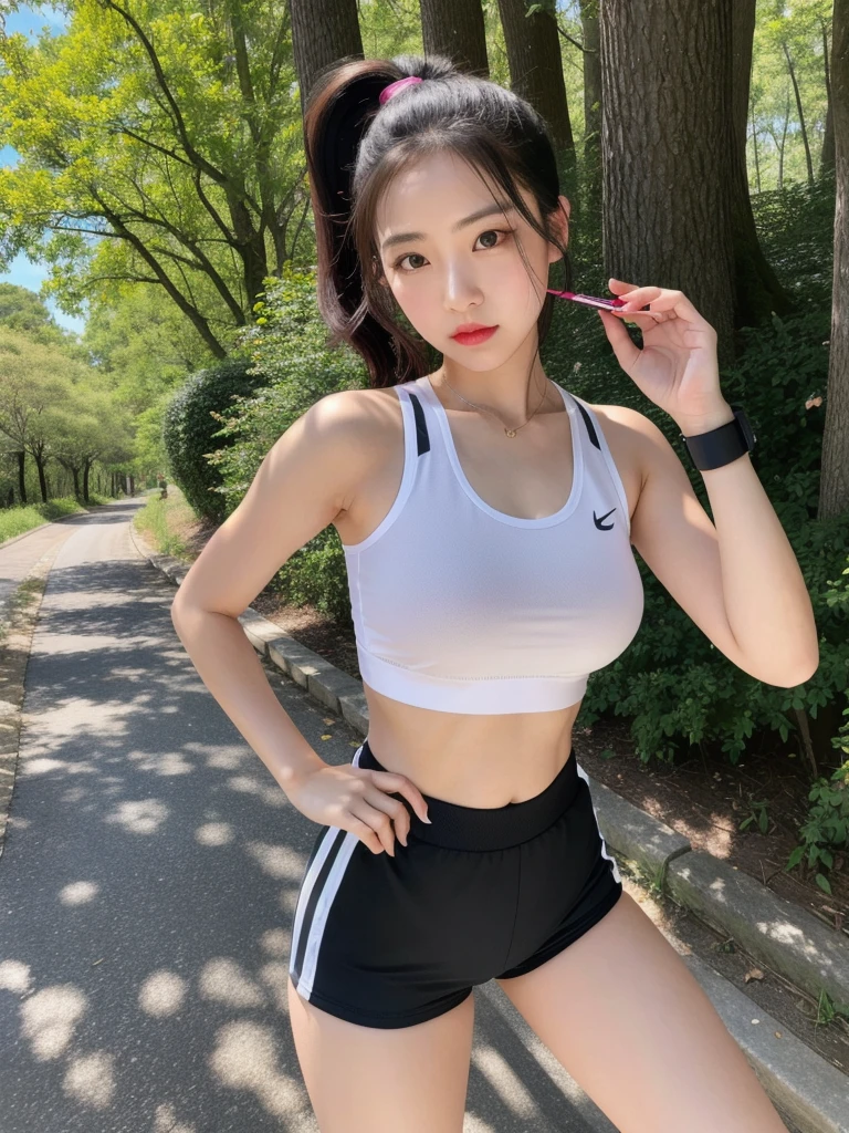 (8k, Photorealistic, Raw photo, Highest quality: 1.4),Japanese idol style１Beautiful girl of the person,18-year-old,Ponytail hairstyle,Black Hair,It is tied with a big ribbon,Her tied up hair is fluttering in the wind,Big, clear grey eyes,Long eyelashes,Plump Cheeks,She is wearing pink lipstick,Apply gloss over your lipstick for glossy, plump lips,The face is flushed,Her whole body is sweaty,Firm and slim abdomen,She wears a black watch on her left wrist.,Her forehead, chest and abdomen are glistening with profuse sweat.,Wearing a colorful short tank top,Wearing colorful sportswear,Wearing white sports shoes,Running along a forest road, looking straight ahead with a serious expression,She is surrounded by the gentle sunlight filtering through the trees.,Full body snapshot