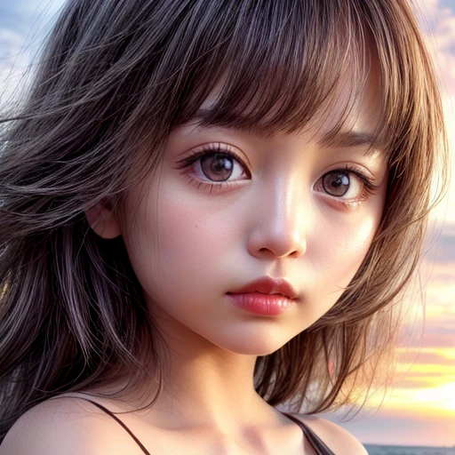 (Acutance:0.85),(), Tiny girl、Tropical Beach、evening、Stroll along the beach、(Gazing at the colorful sunset)、(Orange rays illuminating face, close-up:1.4), (((Extremely detailed NOGIZAKA face))), perfect anatomy, Childish, captivating gaze, elaborate detailed Eyes with (sparkling highlights:1.2), long eyelashes、Glossy RED Lips with beautiful details, Coquettish tongue, Rosy cheeks, (Radiant natural skin) with clear transparency . { (Dynamic joyful expressions) | :d) }, Random hair color .