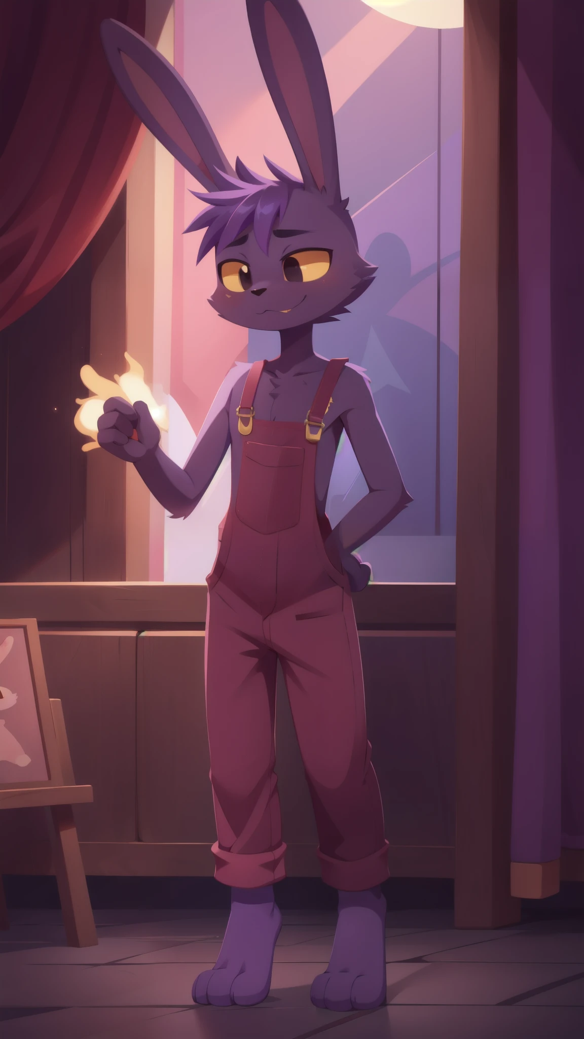 Jax, rabbit, long rabbit ears, furry boy, narrowed eyes, yellow sclera, black eyes, purple body fur, purple hair, ((red overalls)), detailed body fur, detailed body, detailed face, detailed eyes, glistering body, shiny body, skinny, (best quality), cinematic lighting, looking at viewer, anime style, full body, feets with three toes, 3 toes, circus, :3, 