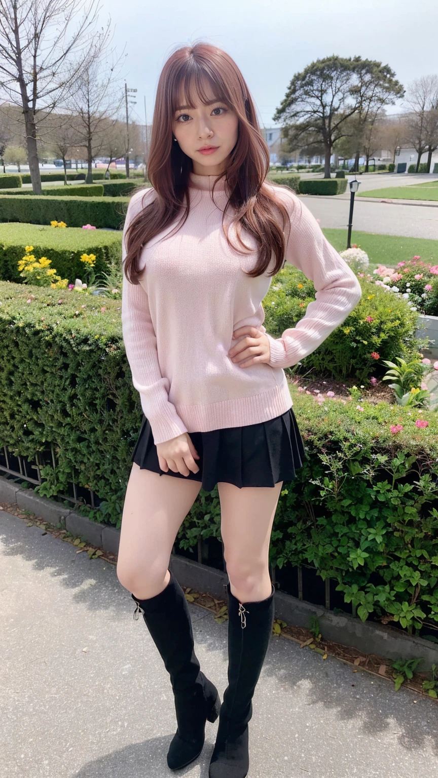 (8k、RAW Photos、highest quality、masterpiece:1.2)、(Realistic、Realistic)、1 girl、((Pink knit、Black Mini Skirt、Knee socks、Big Breasts、boots、whole body、garden、View from the front、Looking into the camera、Standing with hands on hips))、