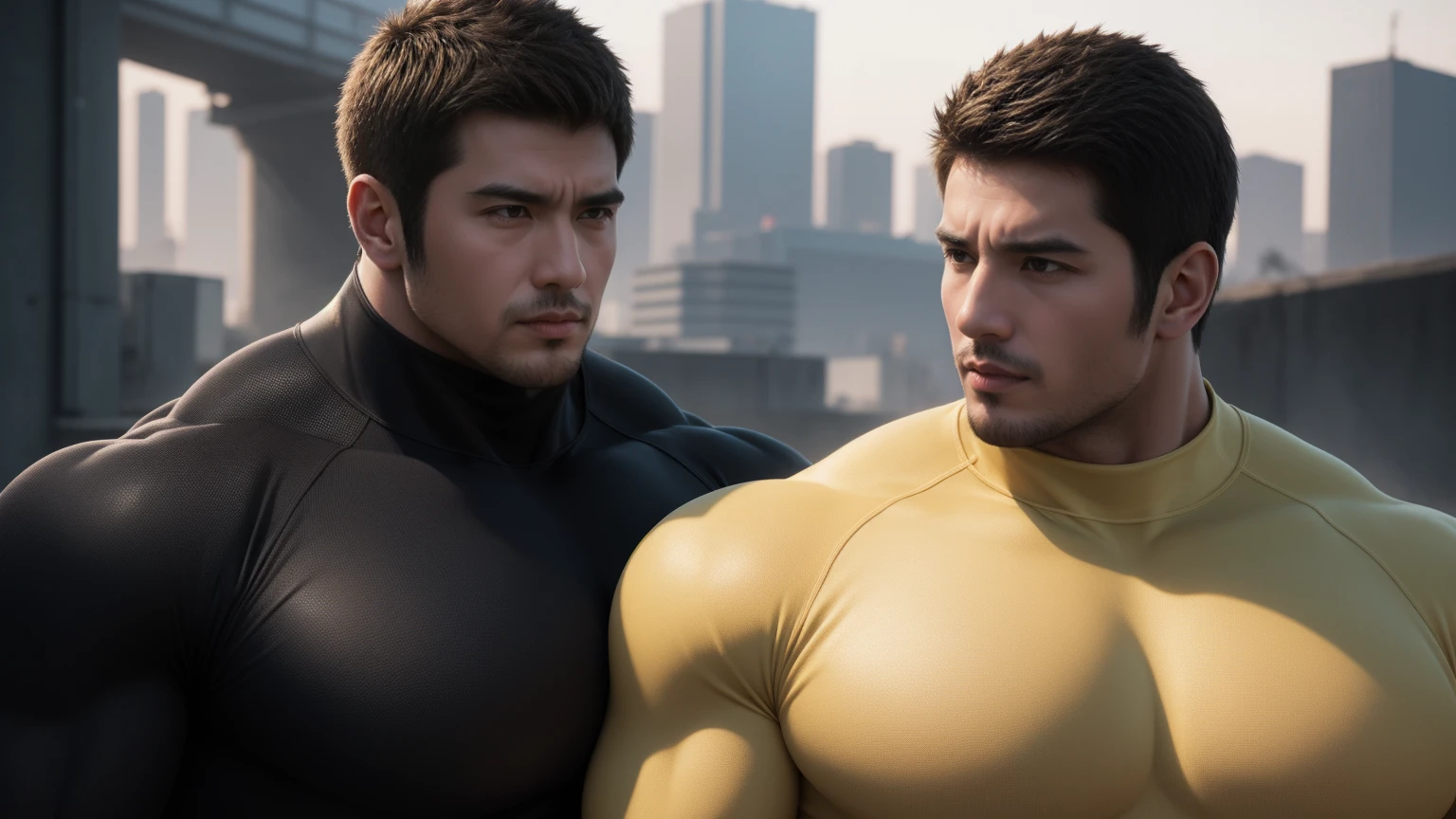 Super muscular man hugging, Open mouth and scream,Look at each other affectionately,They hugged each other affectionately,Buzz Cut,On the old-style outdoor street under the hot sun, Wear a long-sleeved, deep turtleneck bodysuit, Thickened warm elastic texture,Clothes are very dirty with mud stains,The expression is arrogant, Thick thighs, Messy hair, Thick thighs, High-necked long-sleeved dark yellow high-necked tights, very tight, Regular symmetrical pattern, Highlight muscles, Police uniform pants, character concept(Resident Evil - Chris Redfield, Chris Redfield)A proud expression, Deep and charming eyes, Heroic male pose, tall Burly, muscular!muscular thighs, tough guy, perfect facial features, High, Burly, Heqiang, Super polished and cool, High Resolution Committee, Charismatic, The sun is blazing, dazzling