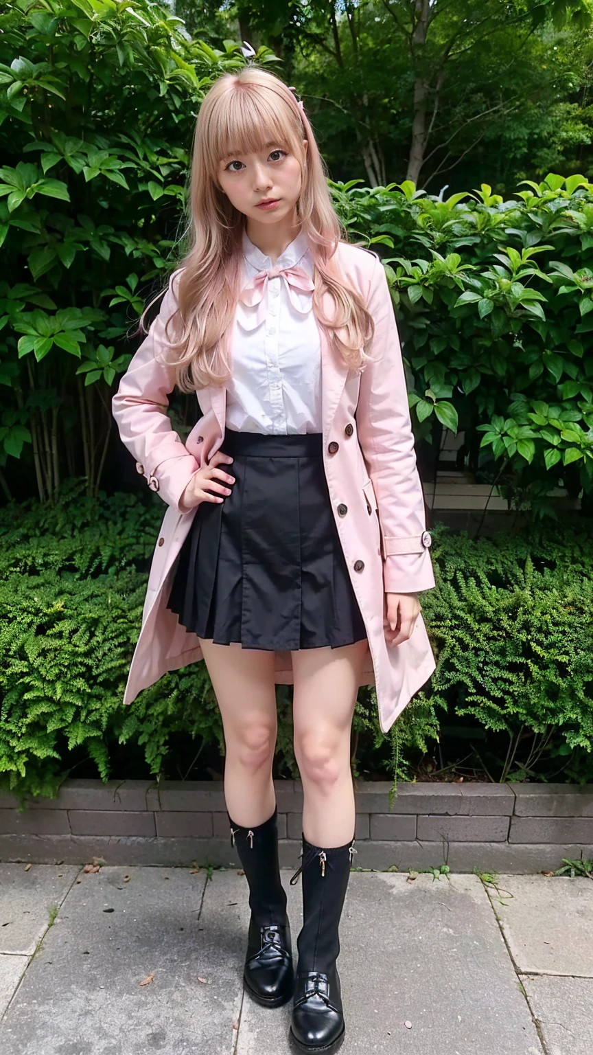 (8k、RAW Photos、highest quality、masterpiece:1.2)、(Realistic、Realistic)、1 girl、((Pink Coat、Blonde、Black Mini Skirt、Ribbon on chest、Knee socks、、Big Breasts、boots、whole body、garden、View from the front、Looking into the camera、Standing with hands on hips))、