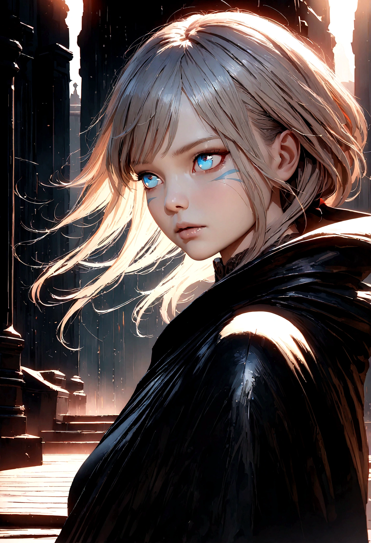 a girl with dull blue eyes, mist circling, white lines adorning a black robe, detailed face, 1girl, dark fantasy, moody, dramatic lighting, cinematic, chiaroscuro, deathly pale skin, thoughtful expression, digital art, muted colors, high contrast, realistic, photorealistic, photo-realistic:1.37, best quality,4k,8k,highres,masterpiece:1.2,ultra-detailed
