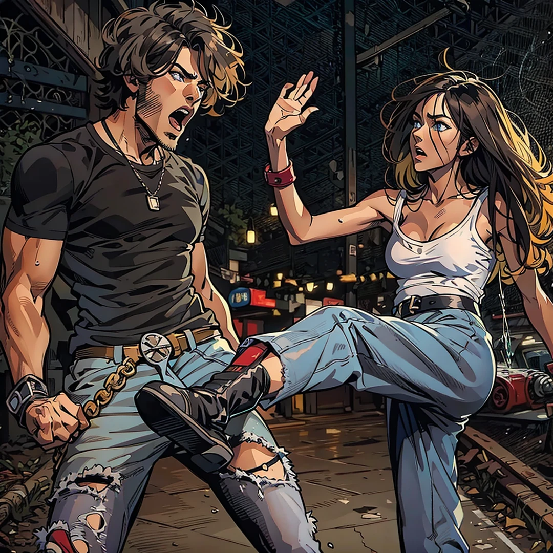 1 man 1 girl Manga comic (sensual brunette girl Straight loose hair, blue eyes wet white t-shirt, black tabled skirt In a sensual pose, she teach self defense knee with a woden dummy) (man with big bulge groin being squeezed) (bigboob big ass) (wet t-shirt) (highly detailed) (concept art) (manga) (anime) (draw) (face anime detailed) (comics)