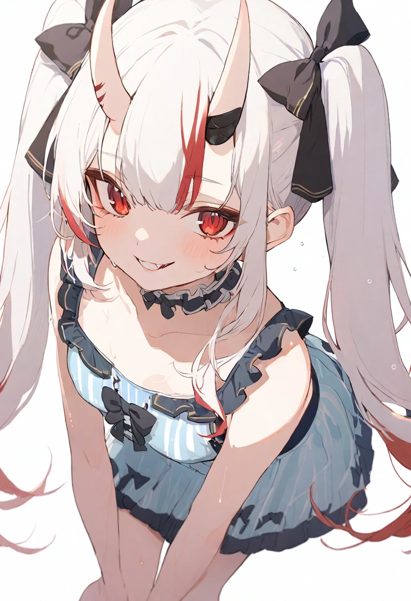 (masterpiece), (best quality), perfect face, beautiful girl, white background background, delicate and beautiful face and eyes, dark intense shadow, 
1 girl, vtuber style, cool girl, hololive, NakiriAyame, oni horns, long hair, bikini, AyameSummer, oni horns, twintails, blue bikini, frilled bikini, bikini skirt, hair bow, black bow, frilled choker,wet body, small chest, cropped shoulders, clavicle, winking, smile, bare feet, chest visible through clothes, (full body), looking at viewer, standing, 