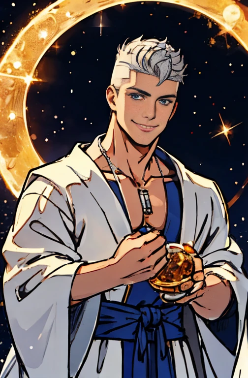 masterpiece,best quality,ultra-detailed,8k,high resolution,Correct drawing,whole body,clavicle, middle part, A little curled, Silver Necklace,White male、elder,Silver Hair、blue eyes、Wizard,Aging, Calmness, Subjective and sensual poses, space magic, Wearing a robe,Food,Glowing magic circle in the background,Gentle Moonlight,Comet in the sky,Hands together,The moment the magic activates,Flames blow out of the hands,Correct drawing,Shaved Head,White Robe,Food,pope,His Holiness,White male,Broad shoulders,smile,60-year-old man, both hands are joined in front of the chest,((White dragon behind)),Magic circle in the background,Quiet moonlight,Wrapped in gentle moonlight,Comet in the sky,((meteor))