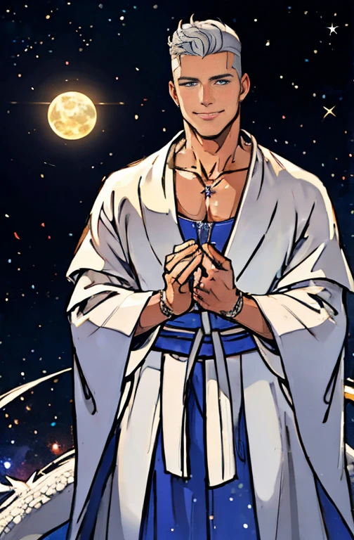 masterpiece,best quality,ultra-detailed,8k,high resolution,Correct drawing,whole body,clavicle, middle part, A little curled, Silver Necklace,White male、elder,Silver Hair、blue eyes、Wizard,Aging, Calmness, Subjective and sensual poses, space magic, Wearing a robe,Food,Glowing magic circle in the background,Gentle Moonlight,Comet in the sky,Hands together,The moment the magic activates,Flames blow out of the hands,Correct drawing,Shaved Head,White Robe,Food,pope,His Holiness,White male,Broad shoulders,smile,60-year-old man, both hands are joined in front of the chest,((White dragon behind)),Magic circle in the background,Quiet moonlight,Wrapped in gentle moonlight,Comet in the sky,((meteor))