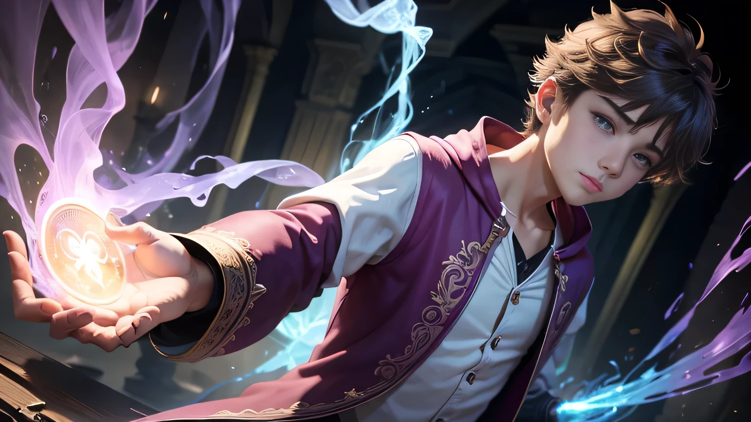 A boy uses gorgeous magic，dynamic