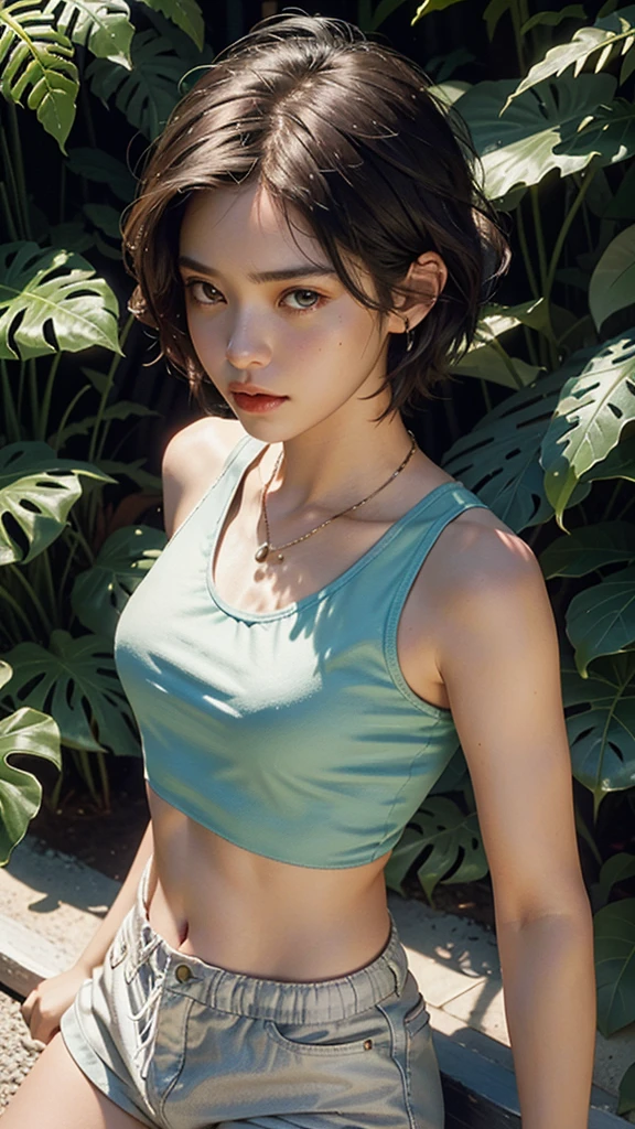 photorealistic portrait, high-res, Soft light, 1 girl, bara, Hip up, look at viewer, (The young heroine confronts the fern leaf with details.......), Short Hair Hair, jewelry, sport shorts, white tank tops, In the middle of a football field.