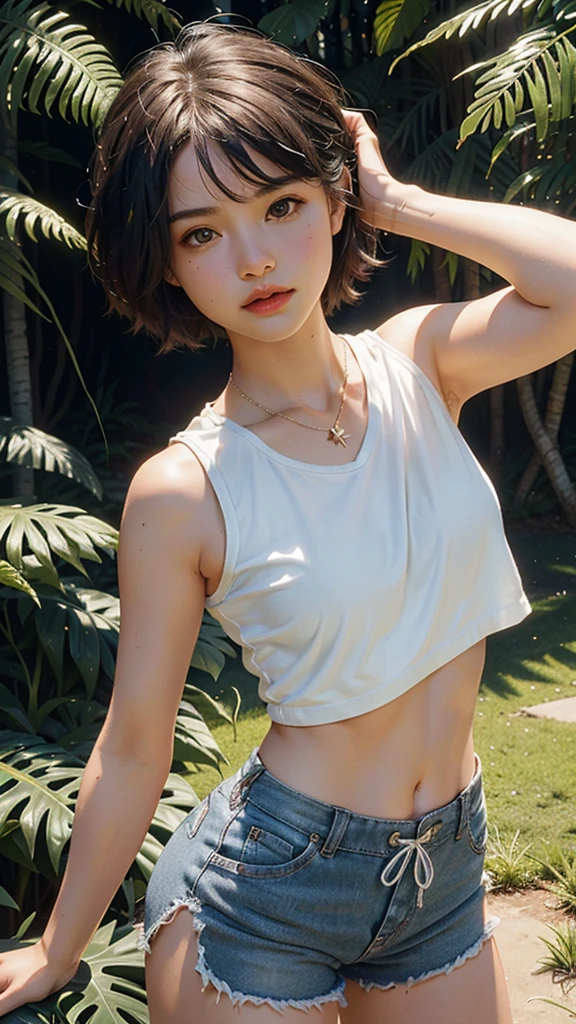 photorealistic portrait, high-res, Soft light, 1 girl, bara, Hip up, look at viewer, (The young heroine confronts the fern leaf with details.......), Short Hair Hair, jewelry, sport shorts, white tank tops, In the middle of a football field.