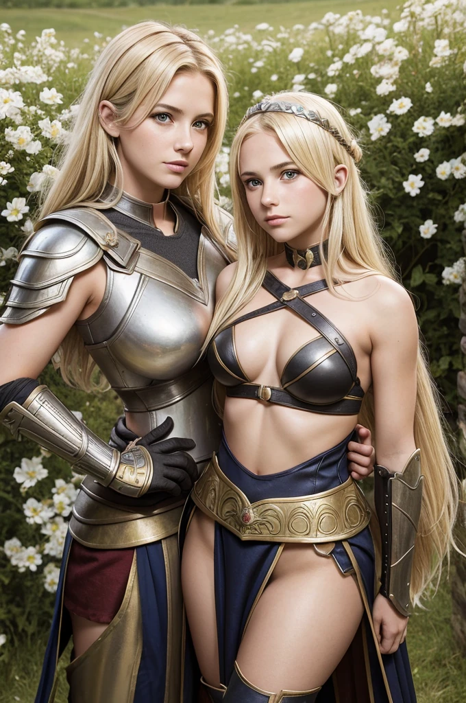 mother and daughter portrait break: mature woman, roman warrior, queens blade , middle age, blonde, detailed face, curvy, fighter position, background in uk land break: girl, roman warrior, princess blade , 13 yenager girl, s breasts, mini cropped, valkyrian princess ,blonde, detailed face, beautiful, confiant, background in uk land with flowers, soft lesbians