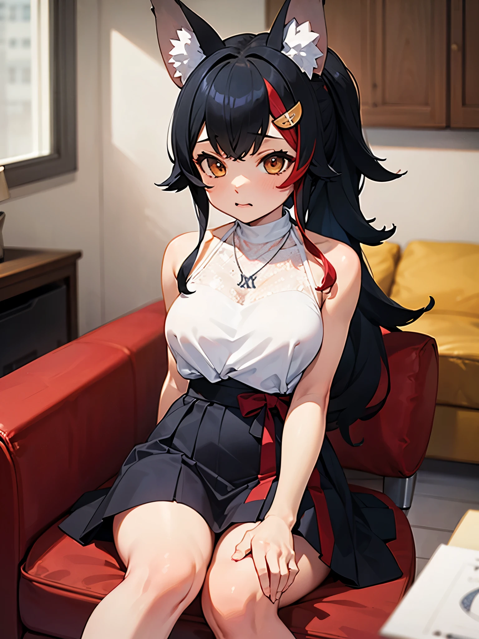 NSFW,miosha1、Barrette、Side Blade、ponytail、Wolf Tail、Black Skirt、White Shirt、necklace、Sleeveless shirt,living room,(Perfect hands),(Perfect Anatomy),(masterpiece),(highest quality)