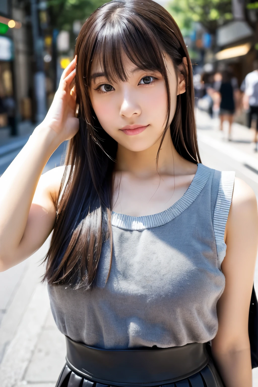 A cute Japanese girl is wearing an off-shoulder transparent gray vest and black leather skirt. She has bangs hair with deep brown eyes, posing for the camera on a Tokyo street, her hands touching her face in a close up shot with natural lighting. The photography has high resolution.