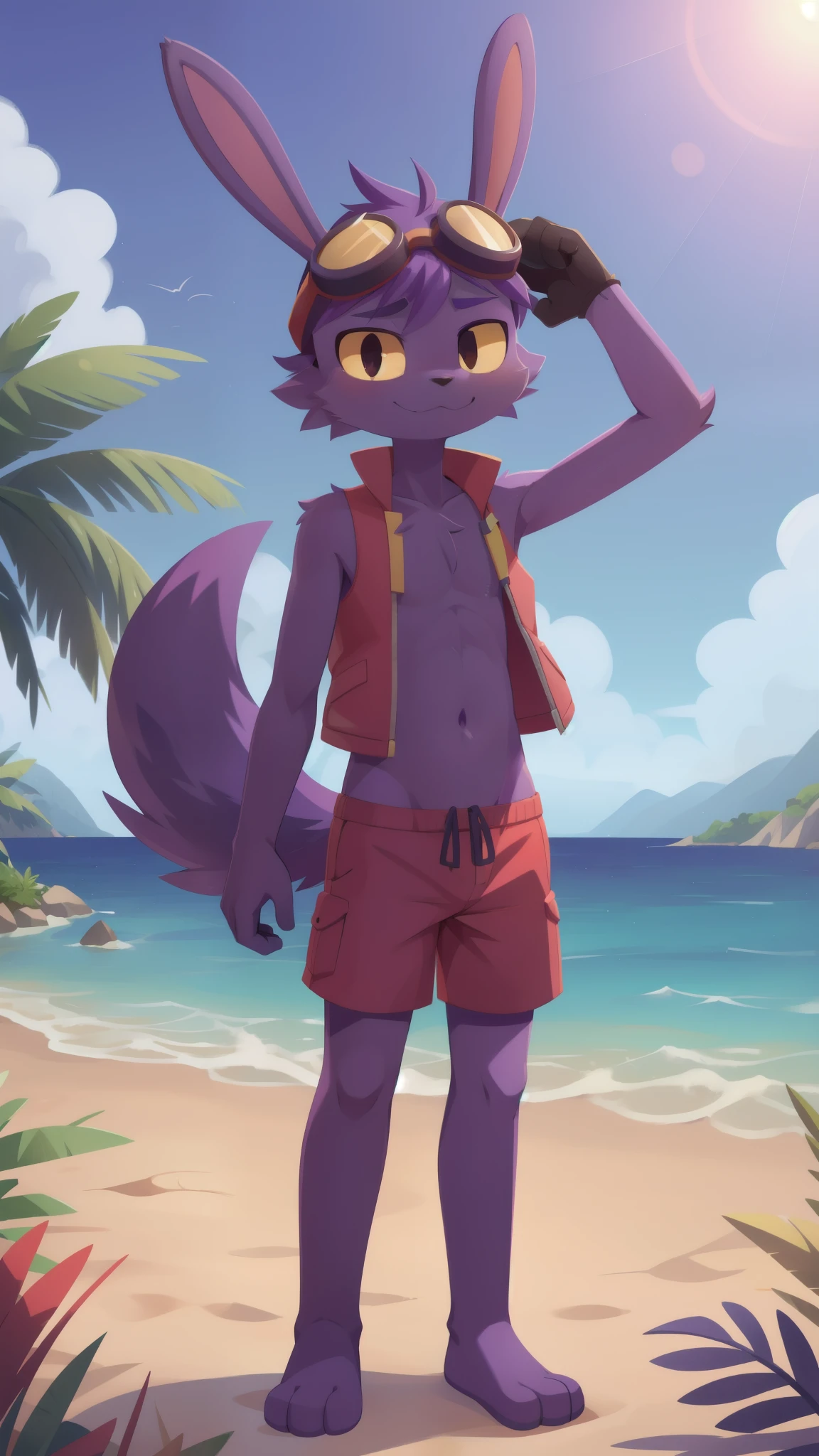 Jax, rabbit, long rabbit ears, furry boy, narrowed eyes, yellow sclera, black eyes, purple body fur, purple hair, ((goggles, red vest, blue swim trunks)), detailed body fur, detailed body, detailed face, detailed eyes, glistering body, shiny body, skinny, (best quality), cinematic lighting, looking at viewer, anime style, full body, feets with three toes, 3 toes, beach, clear sky, :3, 