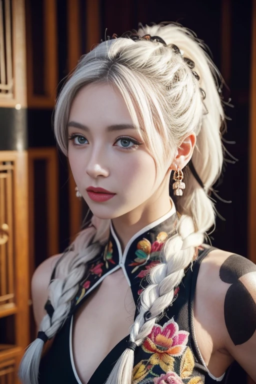bright colors, female, Masterpiece, Sharp focus, best quality, depth of field, movie light, white hair, conjunctivitis, braid, set, long hair, conjunctivitis, tattoo, earring, decorations, black set, decorationsผม, smooth, Chinese clothes, chest, china set, Sleeveless,