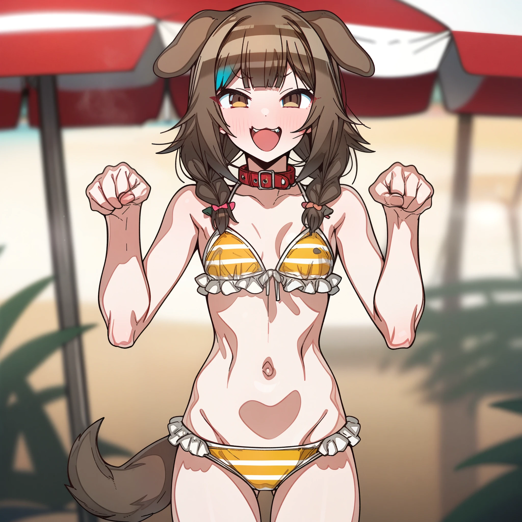 gawr_gura with brown hair and brown eyes, Artist, erere, Copyrights, idolmaster, idolmaster_shiny_colors, Character, General, 1girl, brown_hair, blunt_bangs, blush, medium_breasts, breasts, smile, brown_eyes, censored, striped bikini, yellow_bikini, frilled_bikini, navel, dog_tail, animal_collar, twin_braids, dog_ears, bone_hair_ornament, raised_eyebrows, paw_pose, :d:0.5, teeth, raised_eyebrows, (full_body) (standing in middle, beach_umbrella), sky:0.7, detailed, sand, outdoors, from_side, looking_at_viewer, masterpiece, best_quality, great_quality, girl, solo, center_composition, centered character, cute
