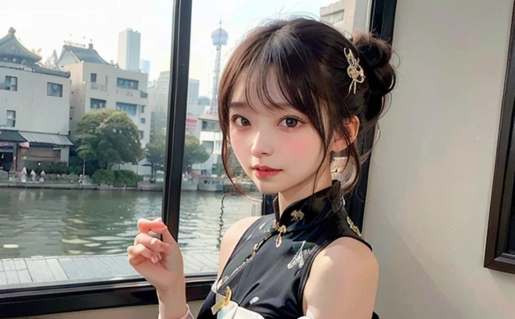 (((eyeをそらす,ponytail、The mouth teaches))),(((((Black Chinese Dress))))),(、Tabletop, One Girl, highest quality, Super detailed, (Shiny), (small)、(((with blush cheeks,))),Ray Tracing,Perfect lighting, (Milky skin:1.2), yellow_eye, The cutest 28-year-old girl in Japan、small ribbons in the hair、Standing facing forward、The background is the riverside