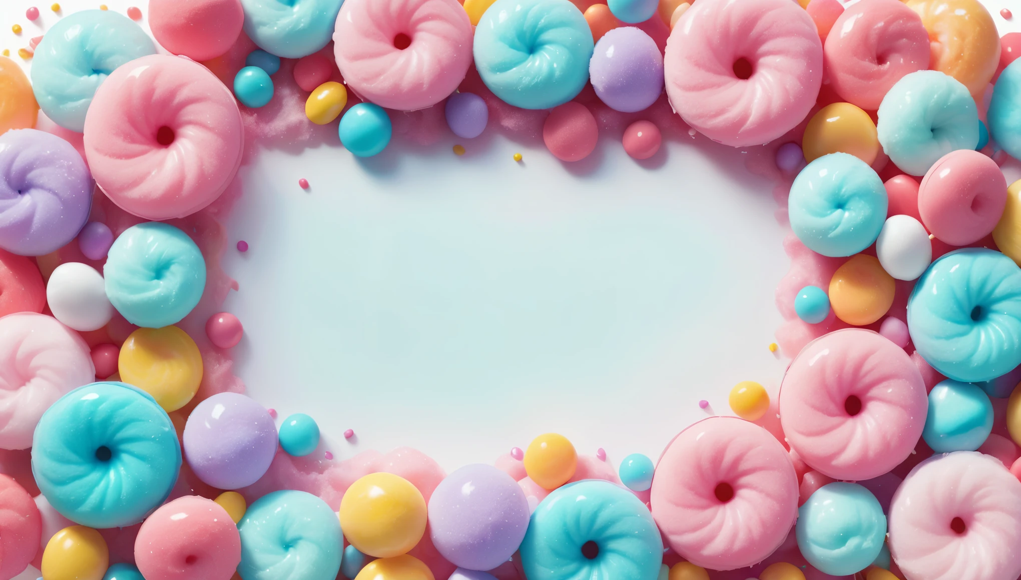 Beautiful candy frame, set against a backdrop of cotton candy. on a White background, illustration design, flat design, Styles 3D and pop toy render, detailed, vibrant shades of color, soft palette, watercolor splashes, flat design, ethereal,4k