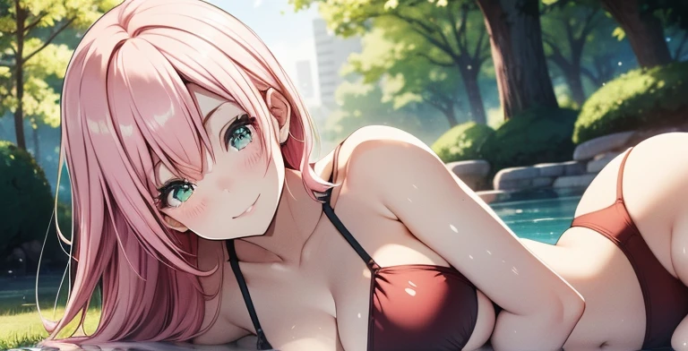 full body,landscape, nature background,masterpiece, Cherry blossom forest, (high detal:1 1), Natural skin, high qulity, NSFW, Naruto Sakura,A pink-haired,short detailed hair,Green eyes,(Large breasts:1.2),(Off-the-shoulder attire:1.5),Leaking out of the shoulder,(Bikini:1.5),(ssmile:1.2),Be red in the face,(cleavage:1.4),Sexy figure,perfect bodies,white clothes,beautidful eyes, (Detailed face and eyes), (the face: 1 2), noises,Extra, real photograph, .................PSD, Lamp film photography, sharp fokus, contrasty lighting, Delicate skin, High resolution 8K, insanely details, realisticlying, professional photoshooting, 8K UHD, SLR camera, softlighting, high high quality, filmgrain, Fujifilm XT3,magic,particle fx