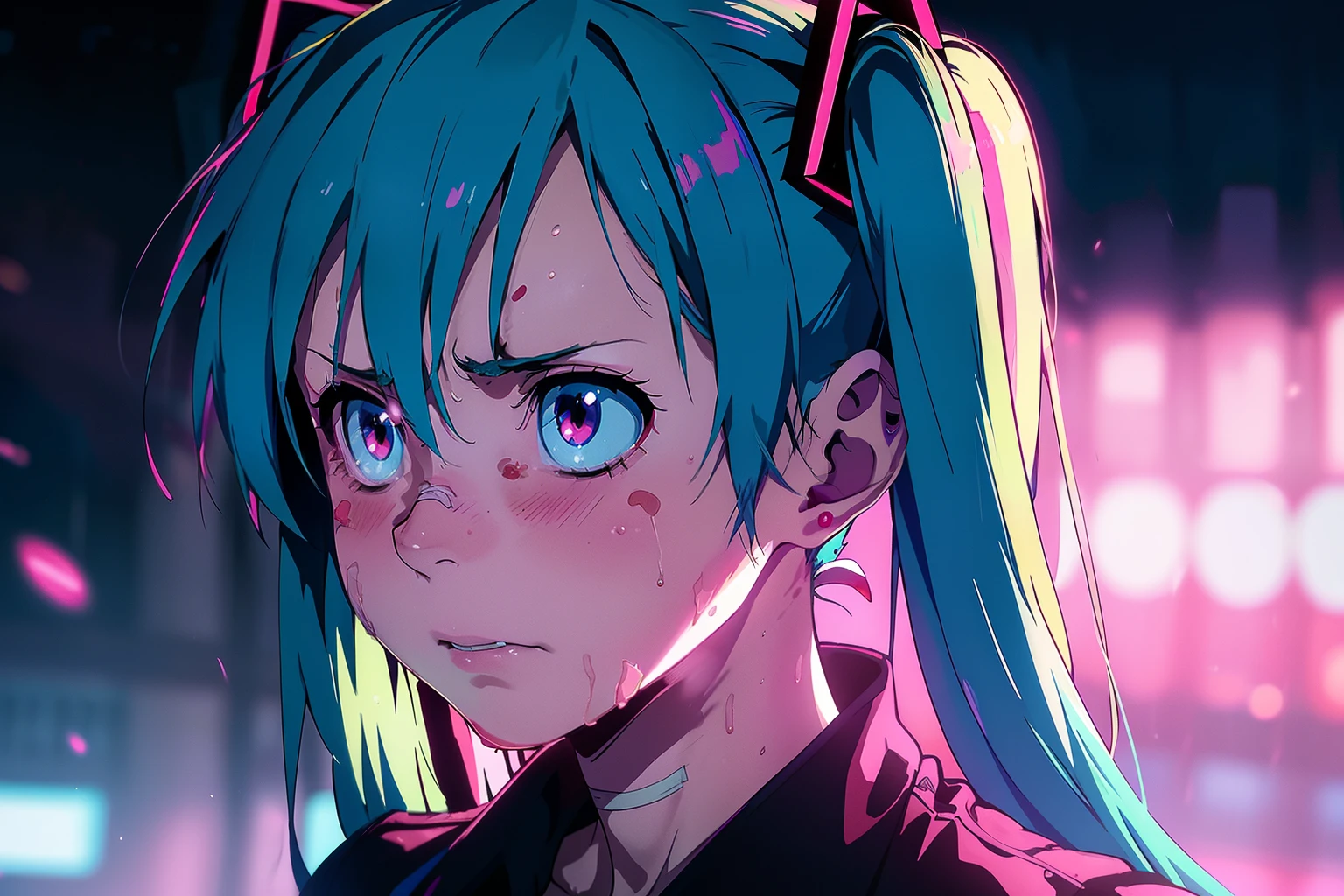 you look scene, (best quality:1.1), (masterpiece:1.2), (absurdres:1.0), portrait, upperbody, 1girl, night, bladerunner 2049 (blush:1.2), upset, sad, beaten up face, bandages, broken nose, nose bandage Hatsune miku, aqua blue hair