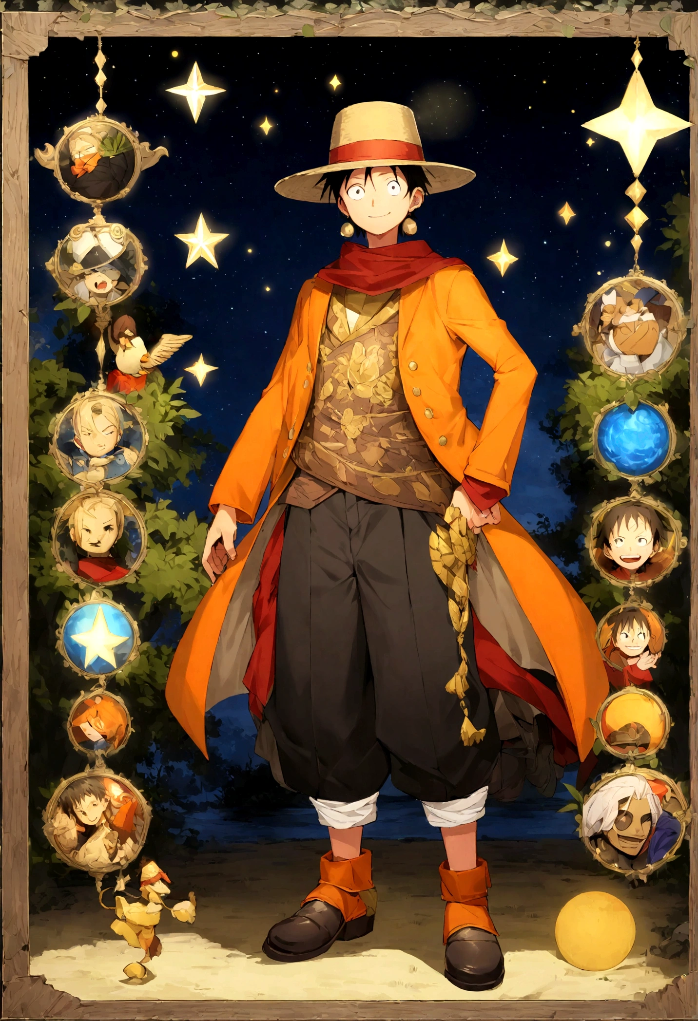 Monkey D Luffy Wano, olhando para o horizonte, roupas laranjas, night sky and starry, bright stars in the sky, full body, standing, idle, looking at viewer