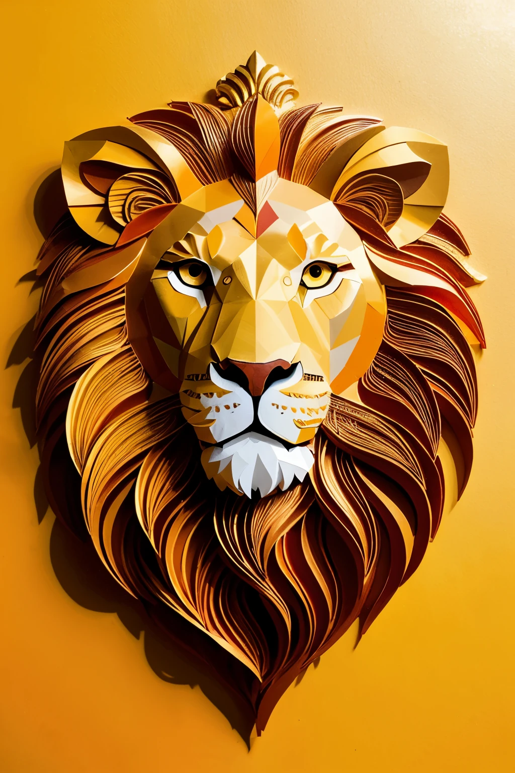 Design a 3D quilled paper art image of a majestic lion's head with a radiant mane. Use warm golds, oranges, and yellows to embody Leo's fiery spirit. Incorporate sun rays and a regal crown to highlight their royal nature and confidence.
