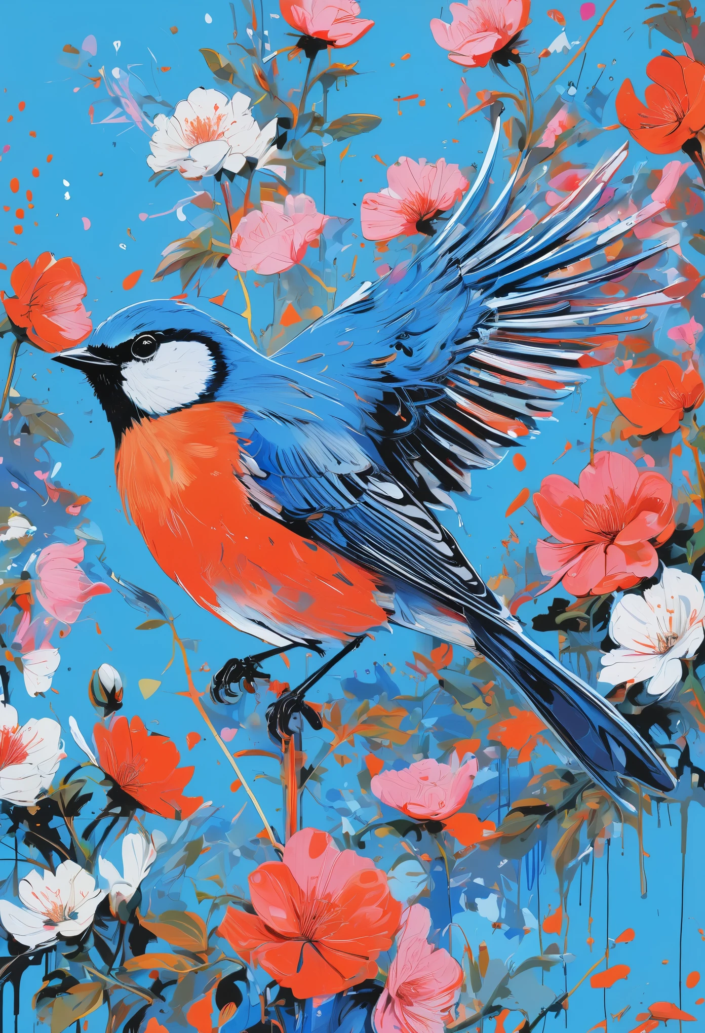 Graffiti, scribble, Comics by Petra Cortright, best quality, masterpiece, blue bird artwork, Representative work, official art, Professional, Ultra intricate detailed, 8k, blue bird art, colourful background 