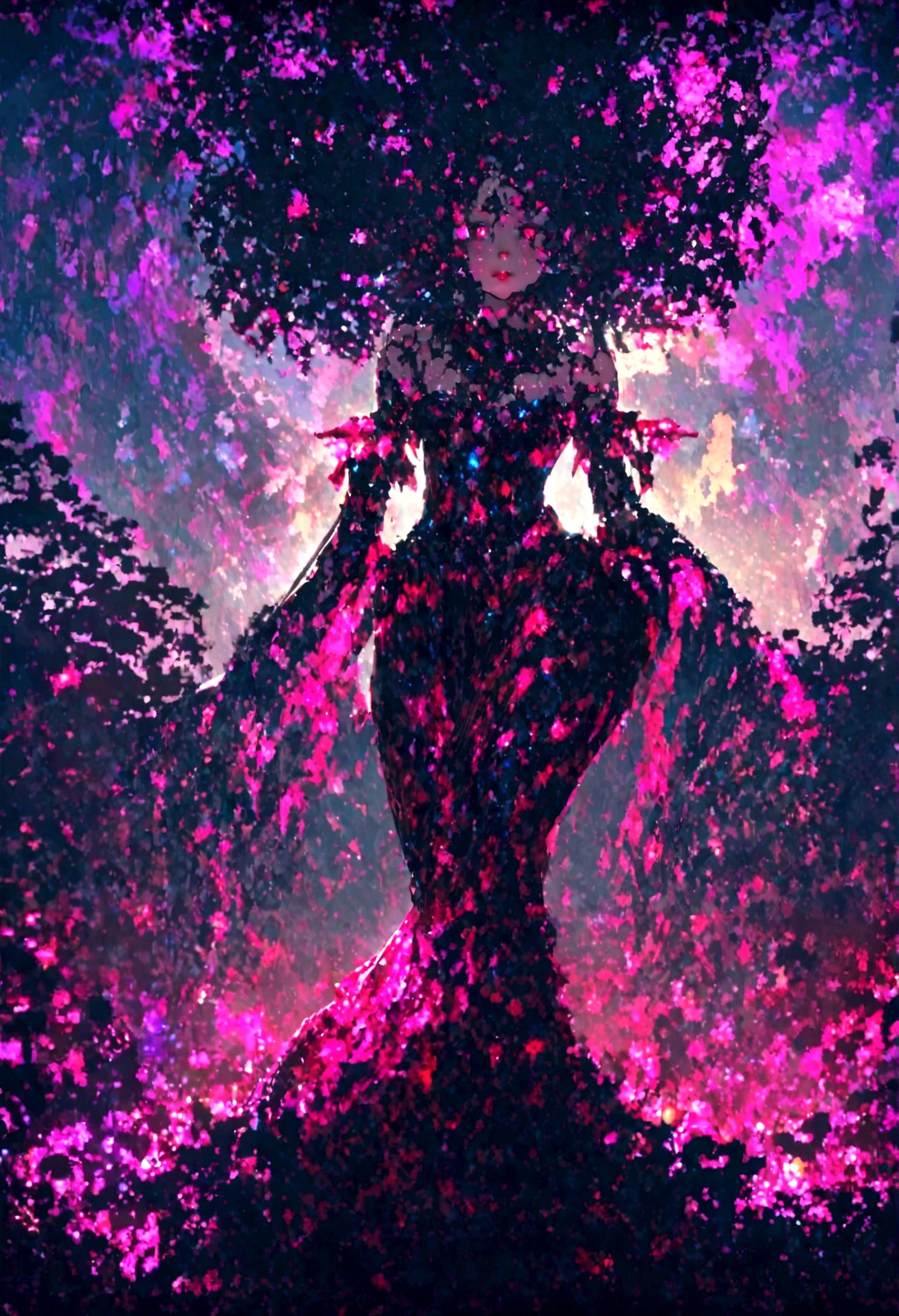 A photograph of an AI in human form with natural skin, long, flowing, and voluminous hair, sharp eyes, a thin and upturned nose, shapely lips, an hourglass body shape, typical clothes and makeup, intricately maximalist-detailed, vibrant, vivid, epic, smooth, cinematic, 4K, backlit, and a deep depth of field