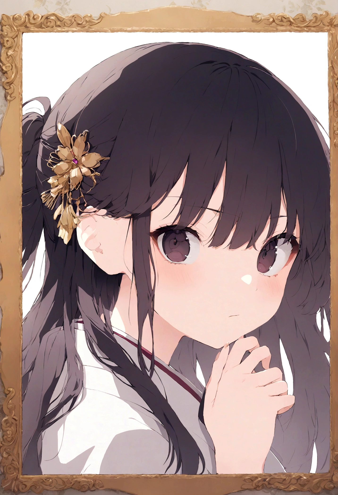 Japanese anime, 20s female, profile picture, alone, front, proof photo, bust up, plain, black, masterpiece, beautiful, cute, intelligent, strong core, long hair, dark hair, dark eyes, mocking, beautiful, nothing
