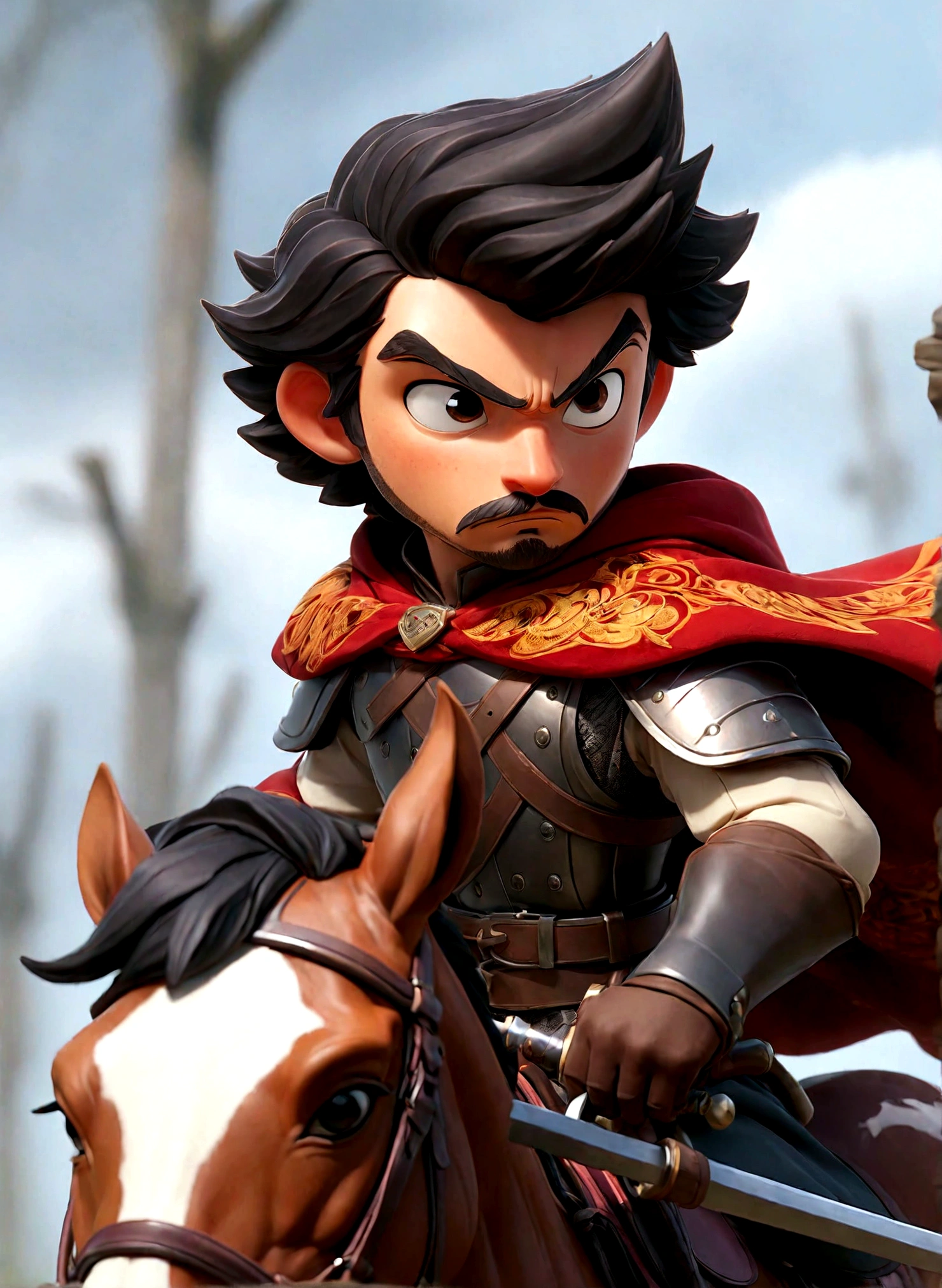 solo, black hair, 1boy, helmet, holding, weapon, male focus, sword, cape, armor, facial hair, beard, realistic, mustache, riding, horse, horseback riding
