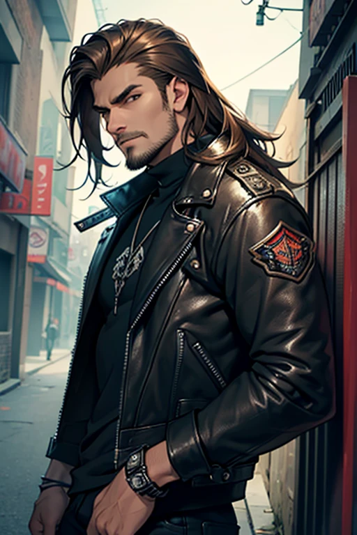 {high quality}, {detailed}, metalhead guy, long sliky brown hair, leather jacket with the several metal-band patch on it, band tee, dark spikes bracelet, handsome face, slight stubble on chin.