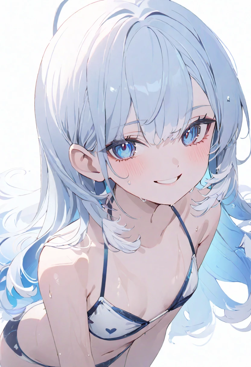 (masterpiece), (best quality), perfect face, beautiful girl, white background background, delicate and beautiful face and eyes, dark intense shadow,
1 girl, vtuber style, cool girl, hololive, KoboKanaeru, blue eyes, long hair, blue hair, colored tips, white hair, bikini,wet body, small chest, cropped shoulders, clavicle, winking, smile, bare feet, chest visible through clothes, (full body), looking at viewer, standing,