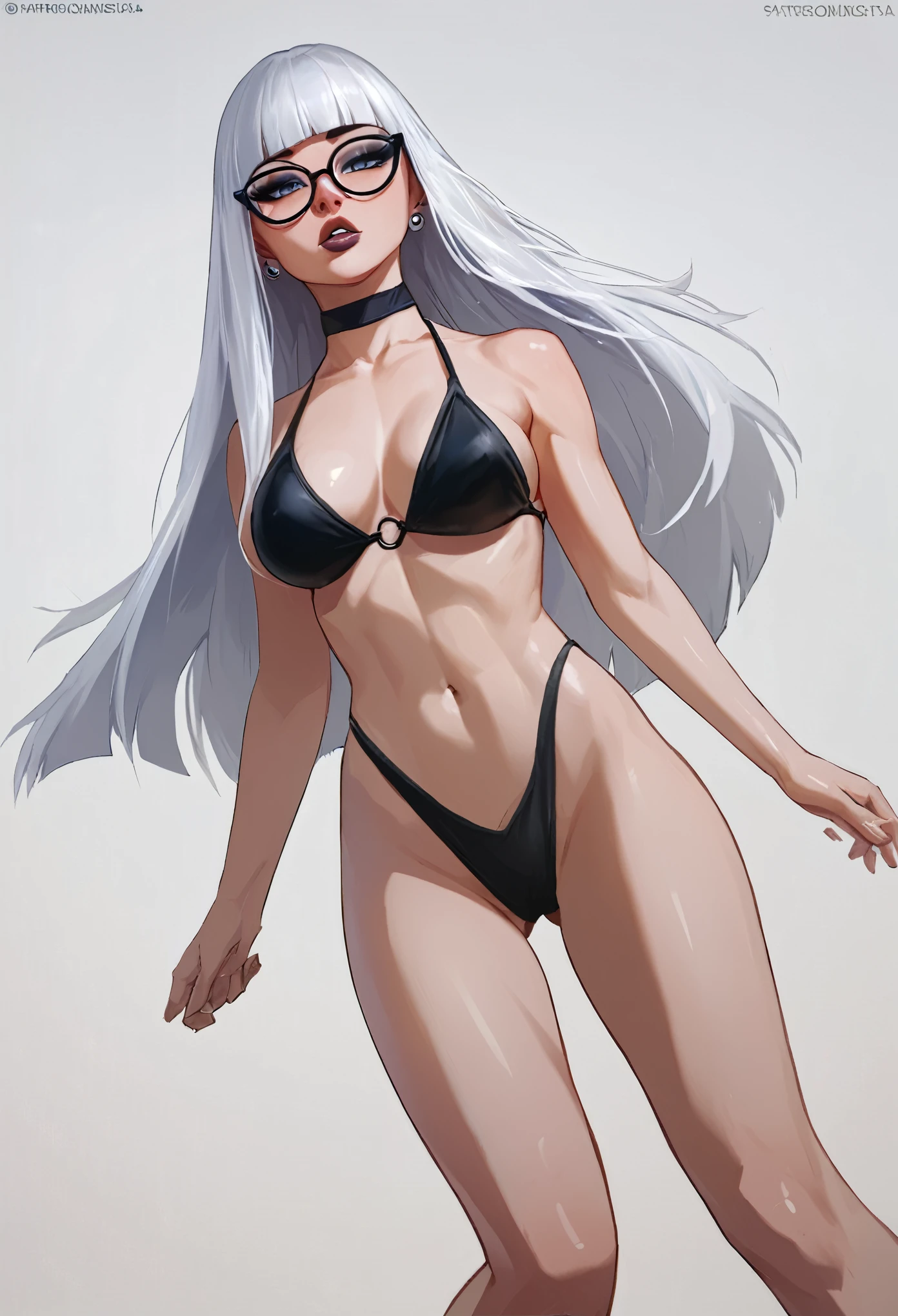 score_9, score_8_up, score_7_up, score_6_up, score_5_up, score_4_up, BREAK 1girl, white hair, hime-cut hair, straight hair, long hair, grey eyes, thick lips, small, long eyelashes, half-closed eyes, black-framed eyewear, round eyewear, black choker, blunt bangs, adult, black eyeliner, ear piercing, black lips, grey eyeshadow, looking at viewer, BREAK solo, standing, large breasts, adult, skinny, laying on the beach, wedgie, highleg, arched back, thigh gap, bikini, BREAK (white background:1.2), simple background, dynamic pose, dynamic angle, angled shot,
