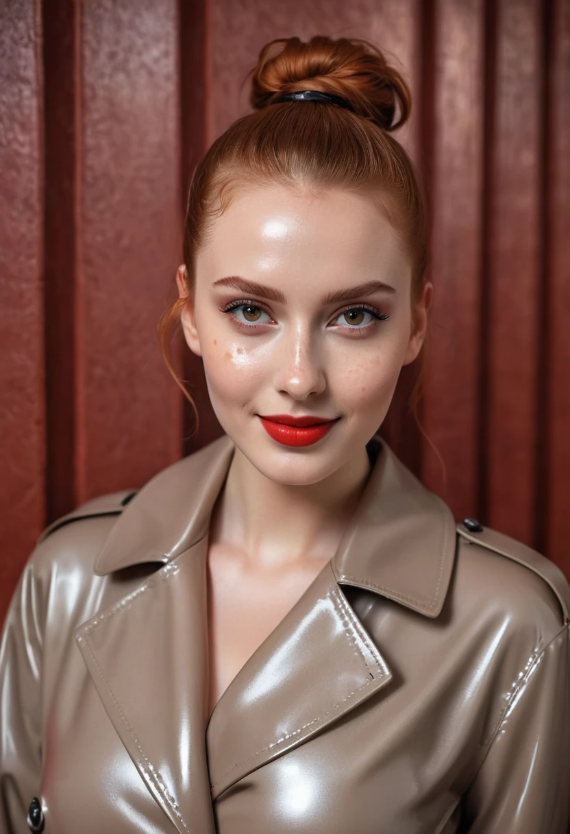 hyperrealistic beautiful busty 19-year-old woman with long legs wearing latex trenchcoat, model shooting full body photography, natural redhead classic bun, freckles, soaky wet skin, dark eye makeup with eyeliner, seductive smile, red lips, 8K, Best quality, Meisterwerk, ultra high resolution, (Realismus: 1.4), Originalfoto, (realistische Hautstruktur: 1.3), (Filmkorn: 1.3), (Selfie-Winkel), 1 girl, Beautiful round hazel eyes and facial details, Meisterwerk, Best quality, indoor photography in front of a shiny leather wall, nsfw